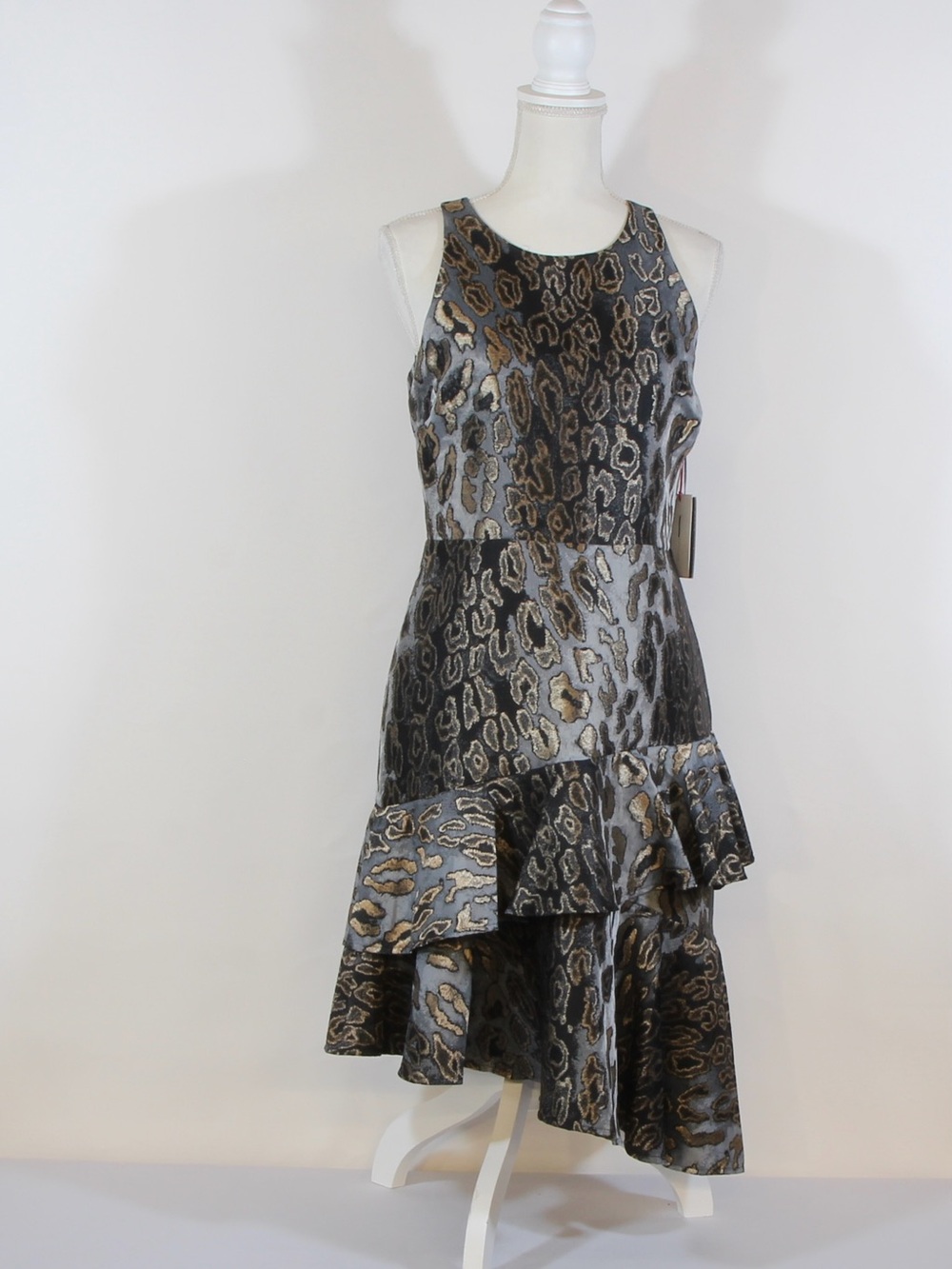 Vince Camuto Metallic Gray/Gold/Brown Leopard-Print High-Low Dress NWT